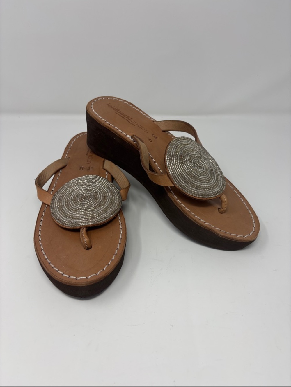 Laid Back London | 39 Leather Platform Thong Sandals Silver Beaded Medallion